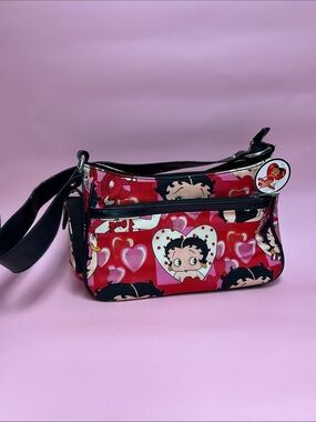 Betty Boop Red and Black Heart Print Shoulder Bag